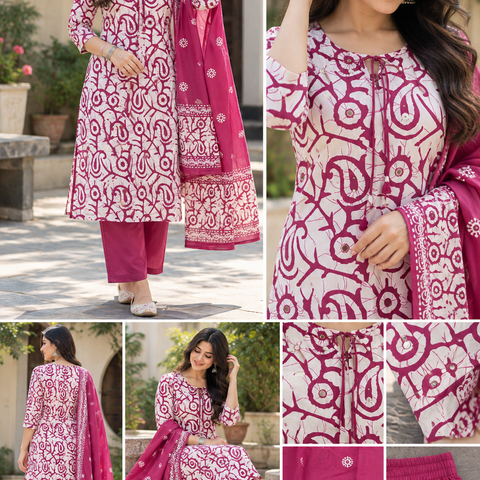 Women White & Mauve Botanical Cotton Kurta Pant Set with Mulmul Dupatta