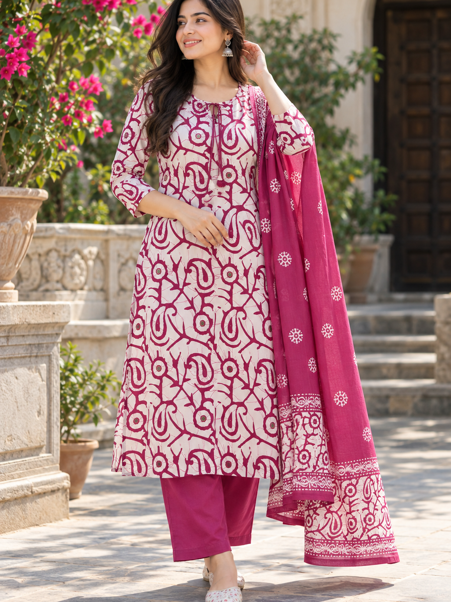 Women White & Mauve Botanical Cotton Kurta Pant Set with Mulmul Dupatta