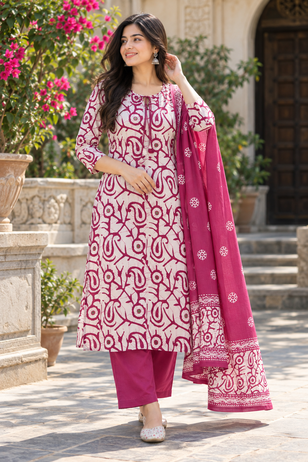 Women White & Mauve Botanical Cotton Kurta Pant Set with Mulmul Dupatta
