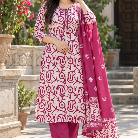 Women White & Mauve Botanical Cotton Kurta Pant Set with Mulmul Dupatta