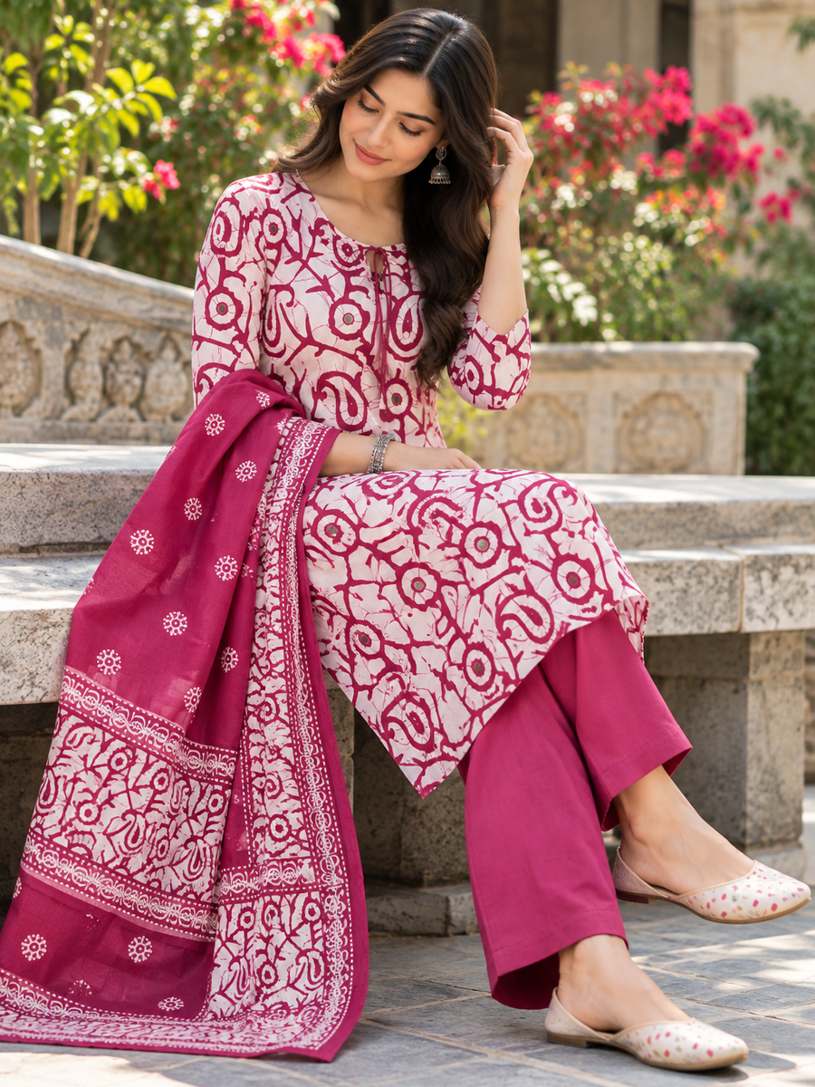 Women White & Mauve Botanical Cotton Kurta Pant Set with Mulmul Dupatta