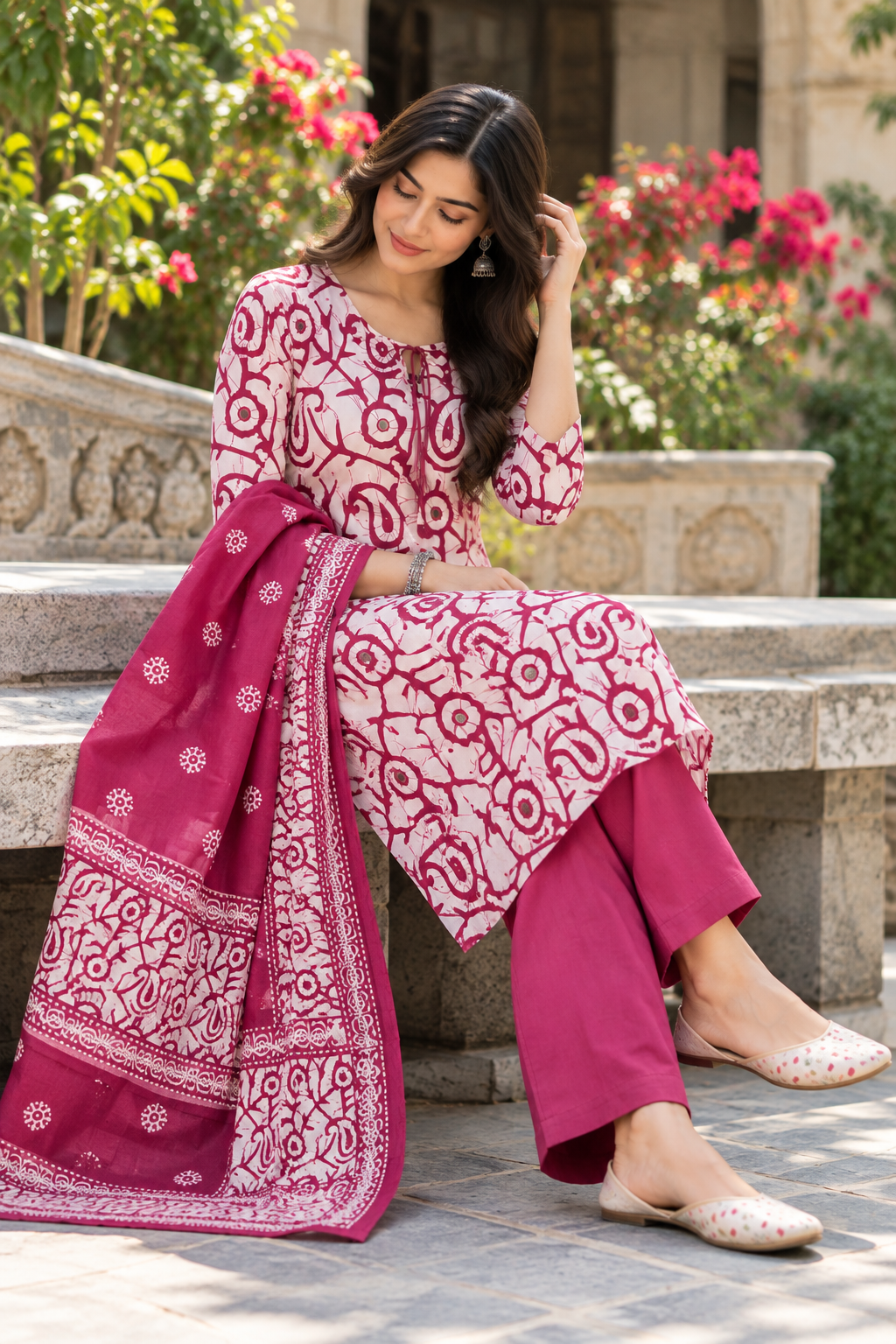 Women White & Mauve Botanical Cotton Kurta Pant Set with Mulmul Dupatta