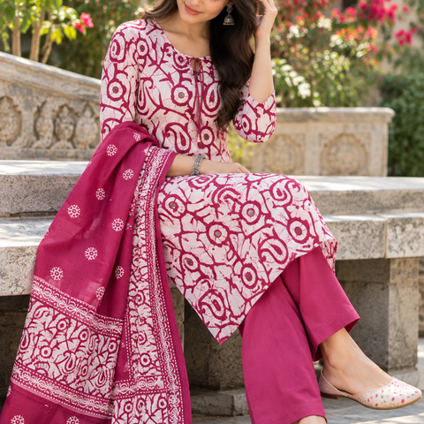 Women White & Mauve Botanical Cotton Kurta Pant Set with Mulmul Dupatta