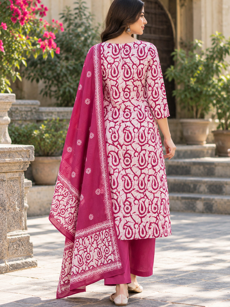Women White & Mauve Botanical Cotton Kurta Pant Set with Mulmul Dupatta