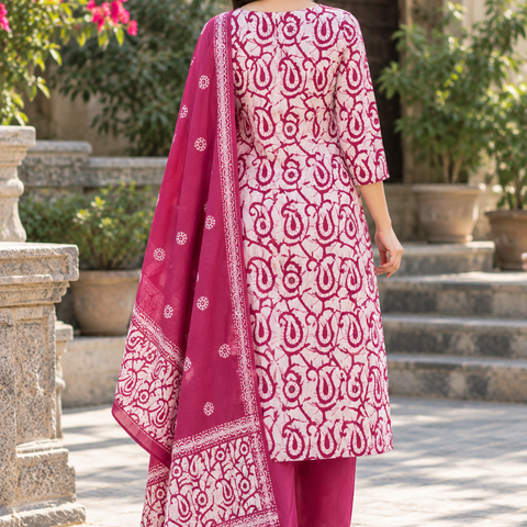 Women White & Mauve Botanical Cotton Kurta Pant Set with Mulmul Dupatta