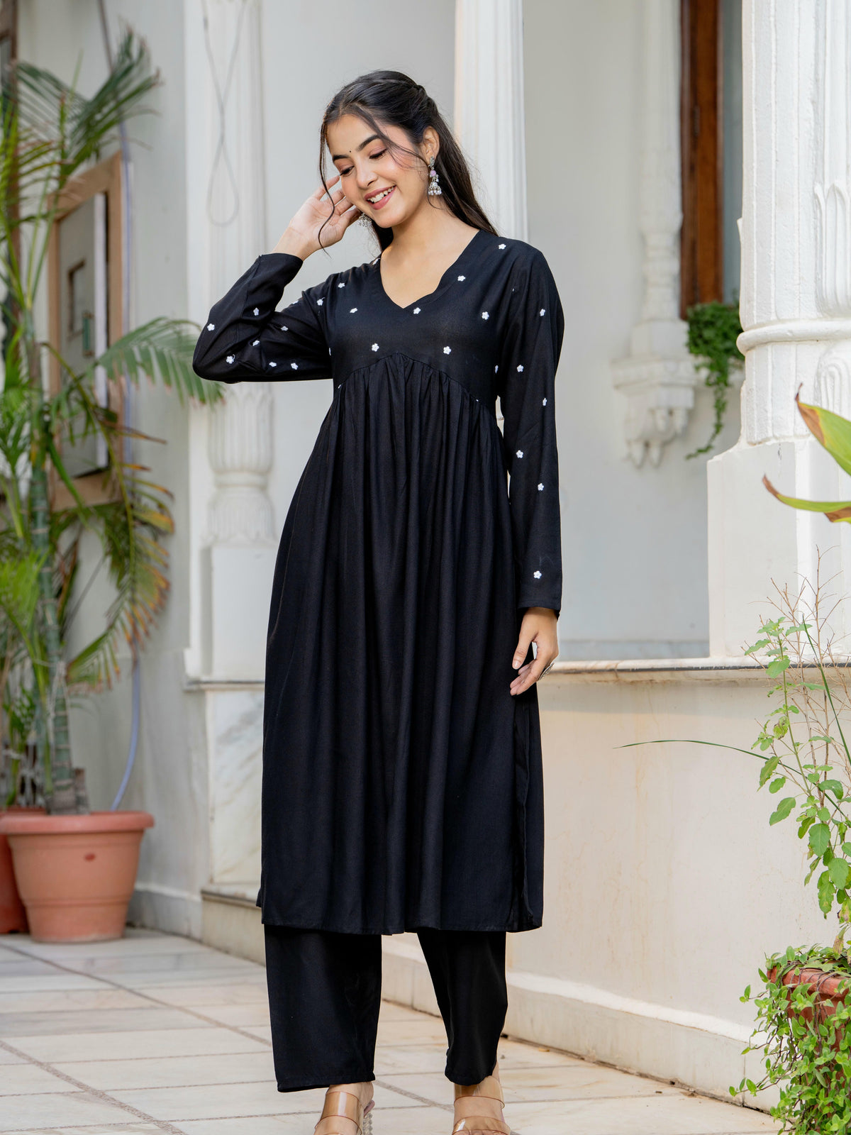 Women Black Embroidered V-Neck Flared Kurta Pant Set