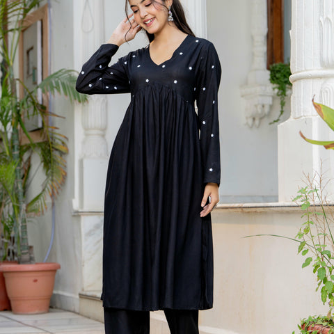 Women Black Embroidered V-Neck Flared Kurta Pant Set