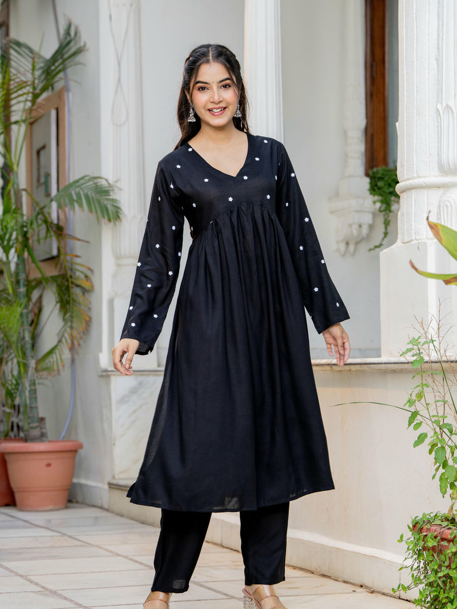 Women Black Embroidered V-Neck Flared Kurta Pant Set