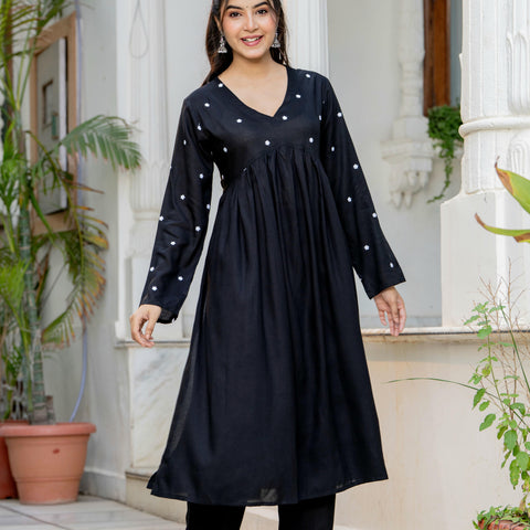 Women Black Embroidered V-Neck Flared Kurta Pant Set