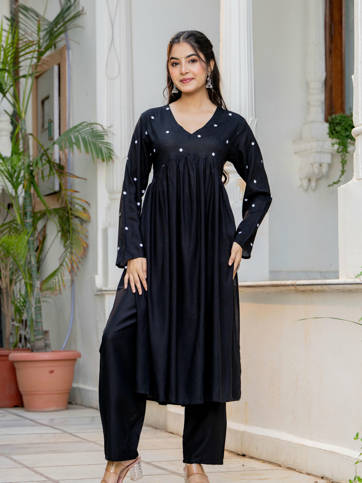 Women Black Embroidered V-Neck Flared Kurta Pant Set