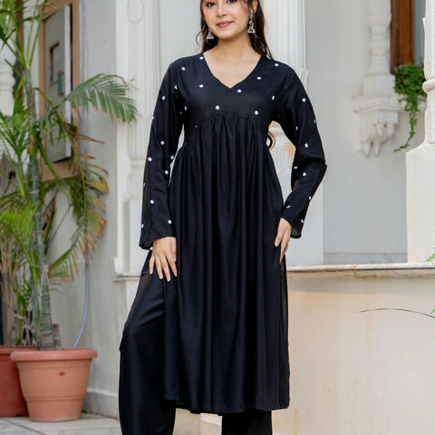 Women Black Embroidered V-Neck Flared Kurta Pant Set