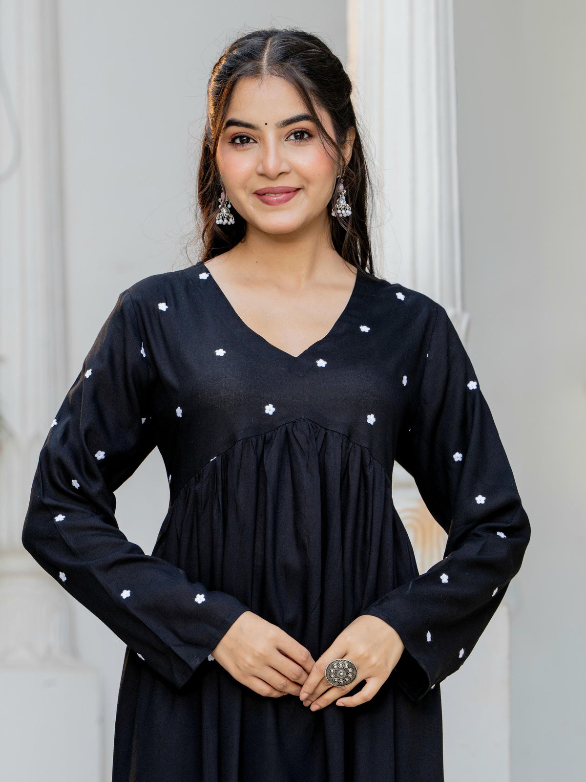 Women Black Embroidered V-Neck Flared Kurta Pant Set