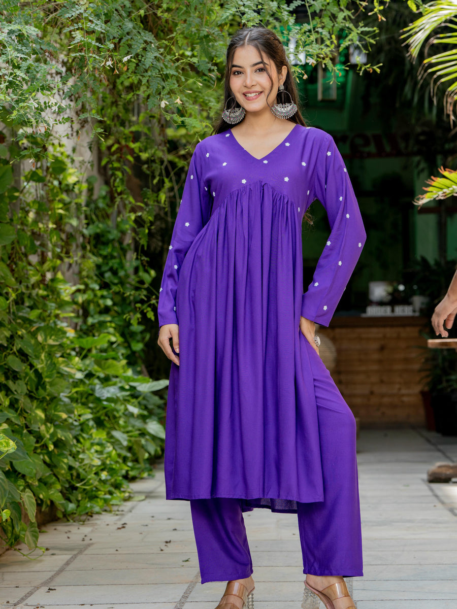 Women Purple Embroidered Full Sleeve Flared Kurta Pant Set