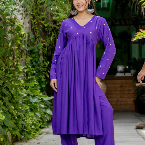Women Purple Embroidered Full Sleeve Flared Kurta Pant Set