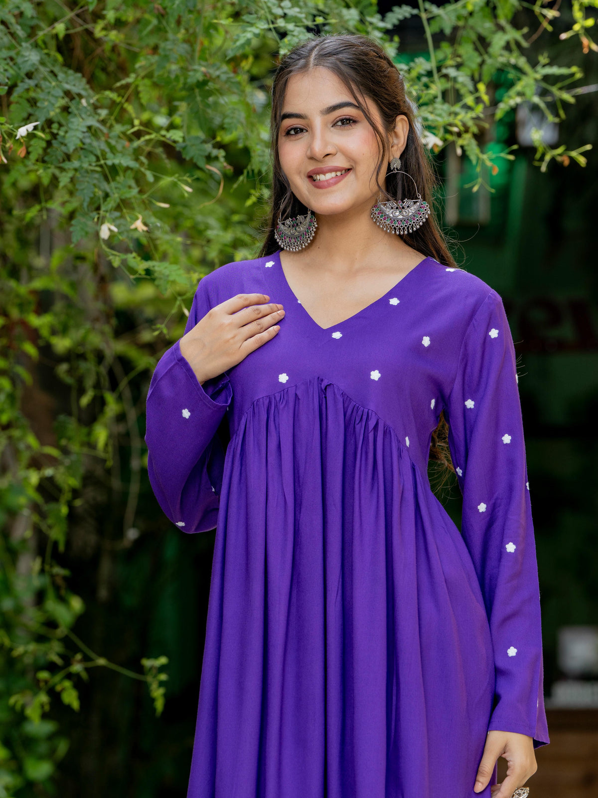 Women Purple Embroidered Full Sleeve Flared Kurta Pant Set