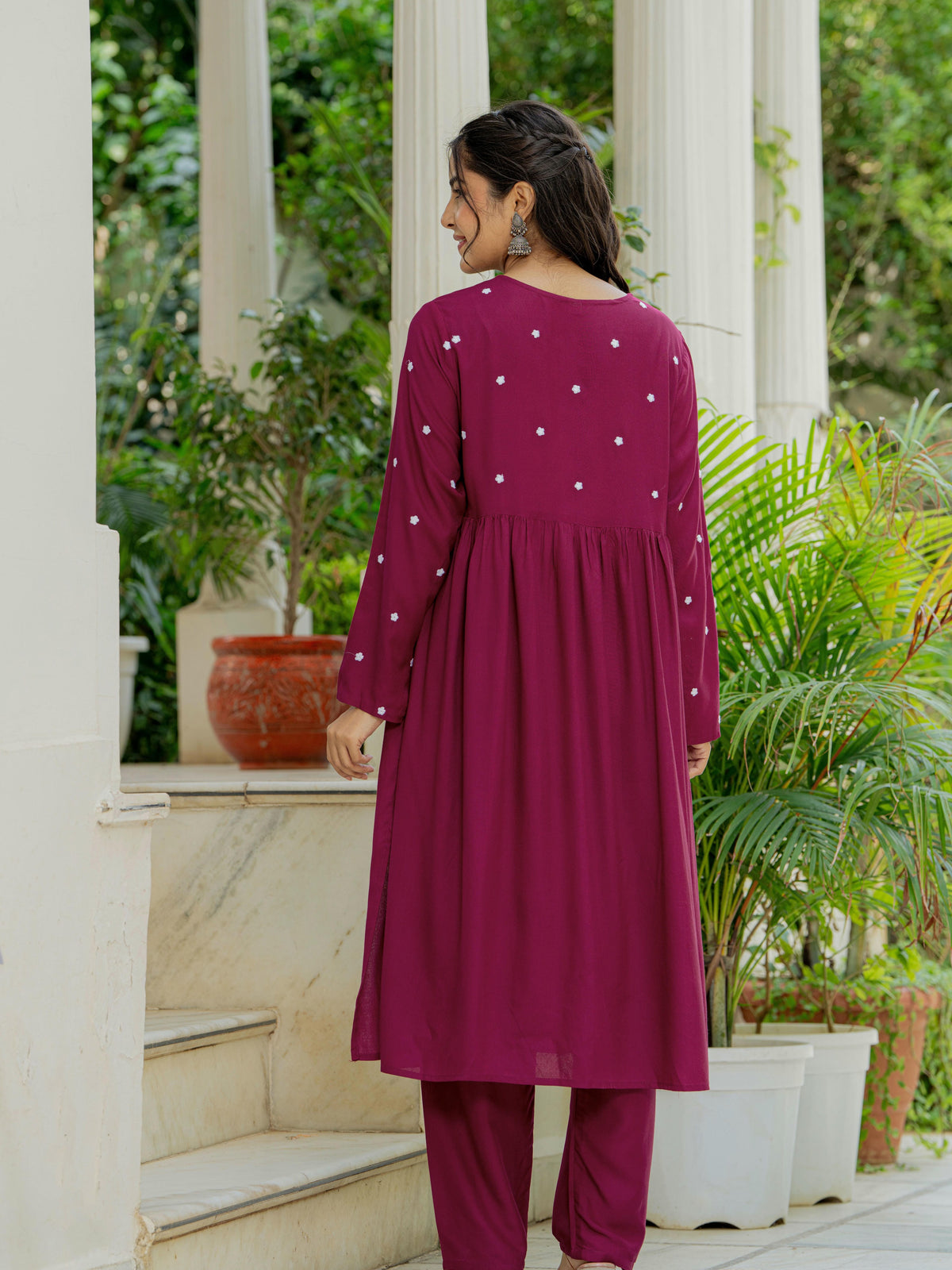 Women Wine Embroidered Cotton Rayon Alia Cut Kurta Pant Set