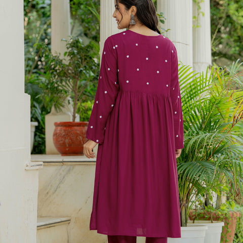 Women Wine Embroidered Cotton Rayon Alia Cut Kurta Pant Set