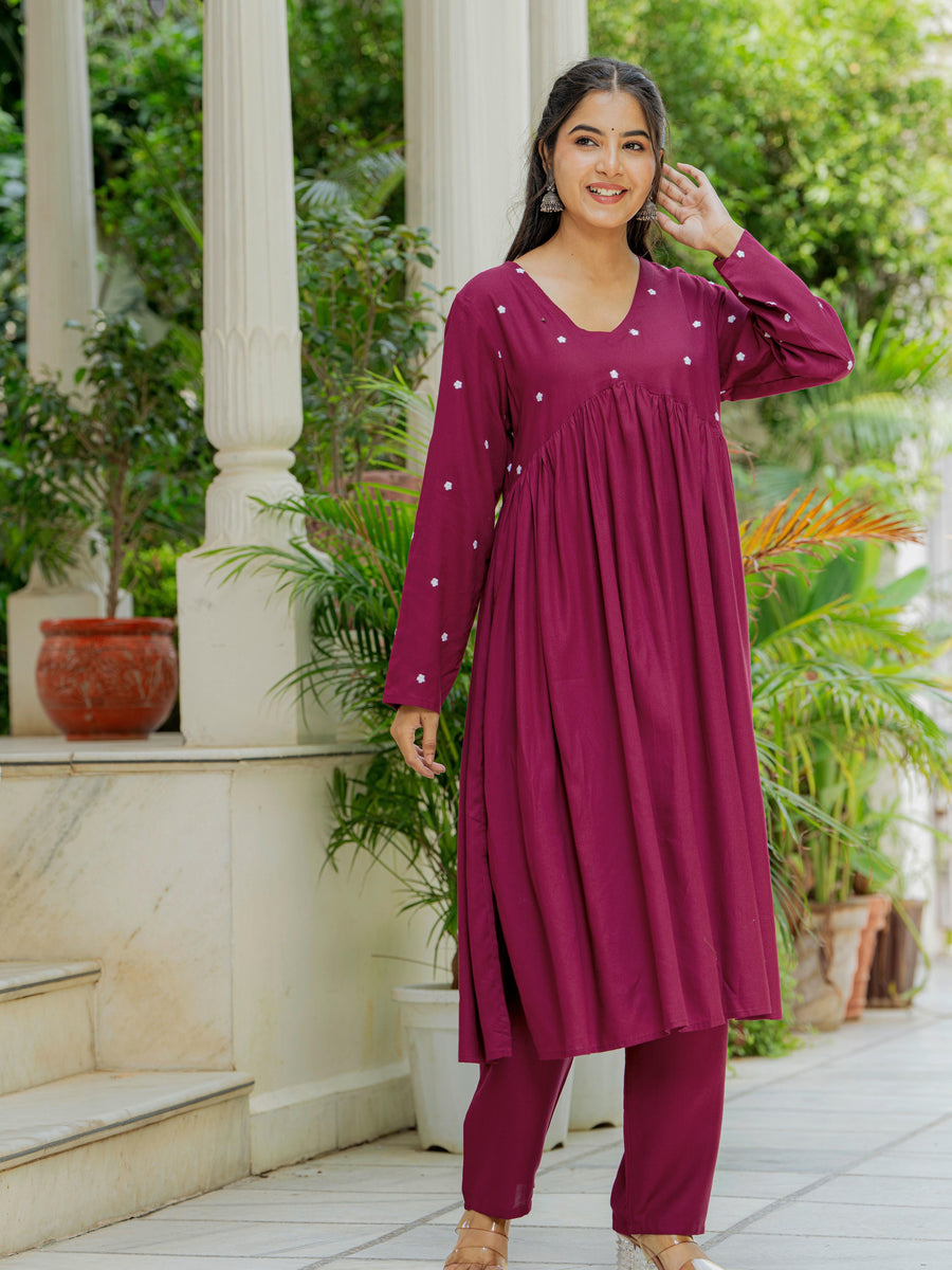 Women Wine Embroidered Cotton Rayon Alia Cut Kurta Pant Set