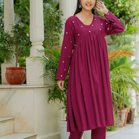 Women Wine Embroidered Cotton Rayon Alia Cut Kurta Pant Set