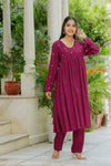 Women Wine Embroidered Cotton Rayon Alia Cut Kurta Pant Set