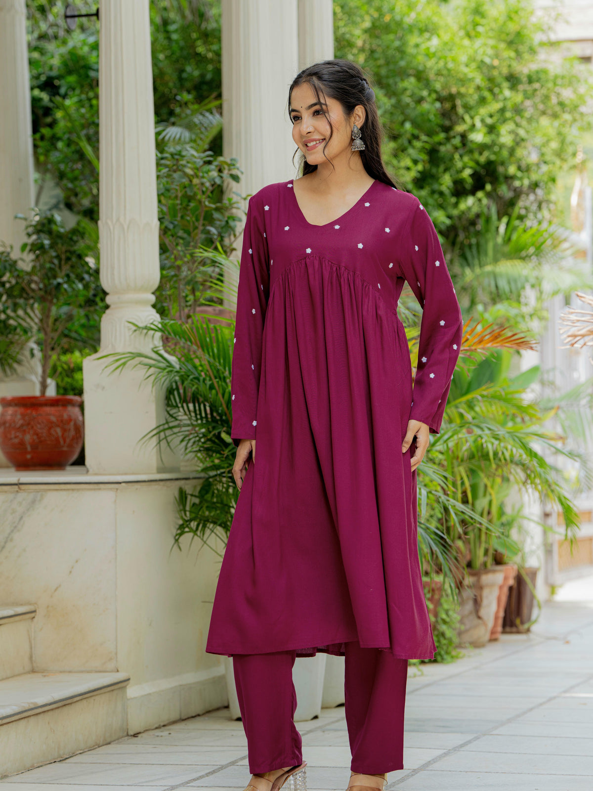 Women Wine Embroidered Cotton Rayon Alia Cut Kurta Pant Set