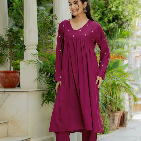 Women Wine Embroidered Cotton Rayon Alia Cut Kurta Pant Set
