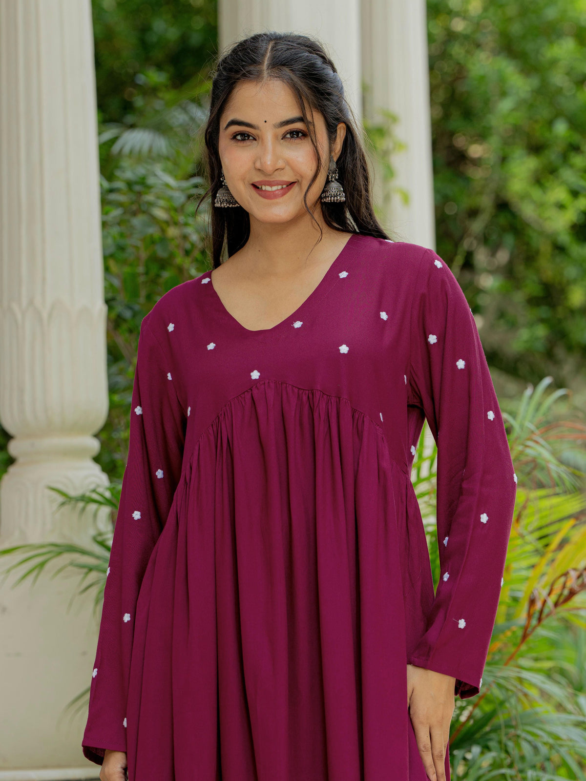 Women Wine Embroidered Cotton Rayon Alia Cut Kurta Pant Set