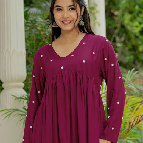 Women Wine Embroidered Cotton Rayon Alia Cut Kurta Pant Set