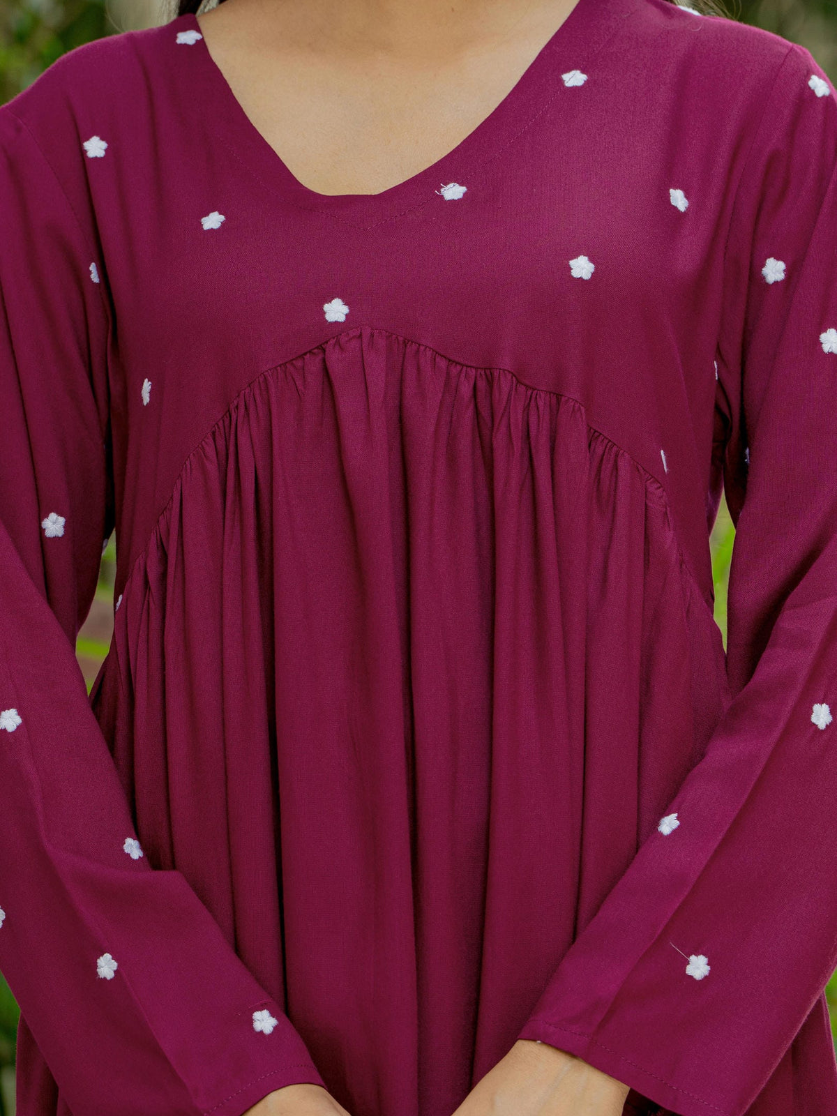 Women Wine Embroidered Cotton Rayon Alia Cut Kurta Pant Set