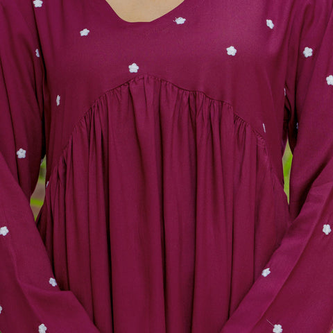 Women Wine Embroidered Cotton Rayon Alia Cut Kurta Pant Set