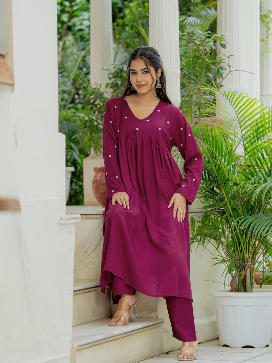 Women Wine Embroidered Cotton Rayon Alia Cut Kurta Pant Set