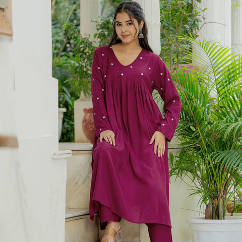 Women Wine Embroidered Cotton Rayon Alia Cut Kurta Pant Set
