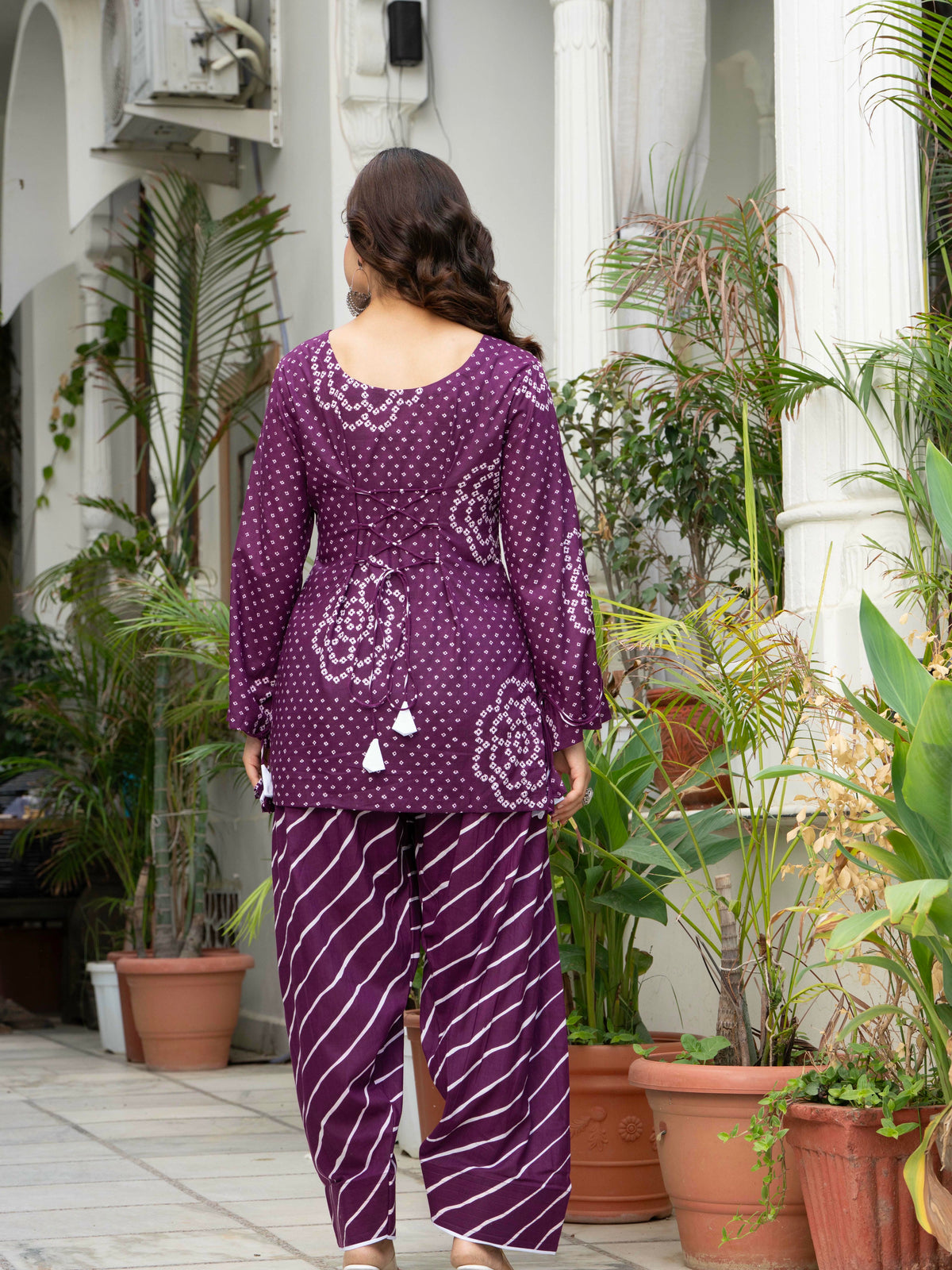 Women Purple Bandhani Lehariya Cotton Farsi Suit Set