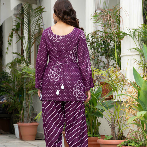 Women Purple Bandhani Lehariya Cotton Farsi Suit Set