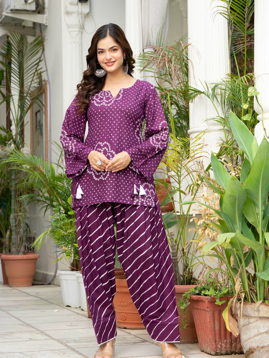 Women Purple Bandhani Lehariya Cotton Farsi Suit Set