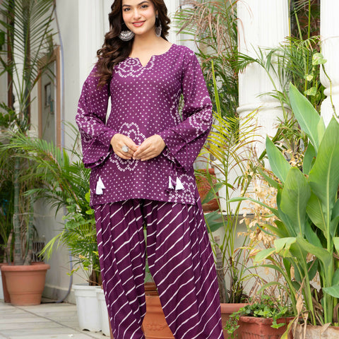 Women Purple Bandhani Lehariya Cotton Farsi Suit Set