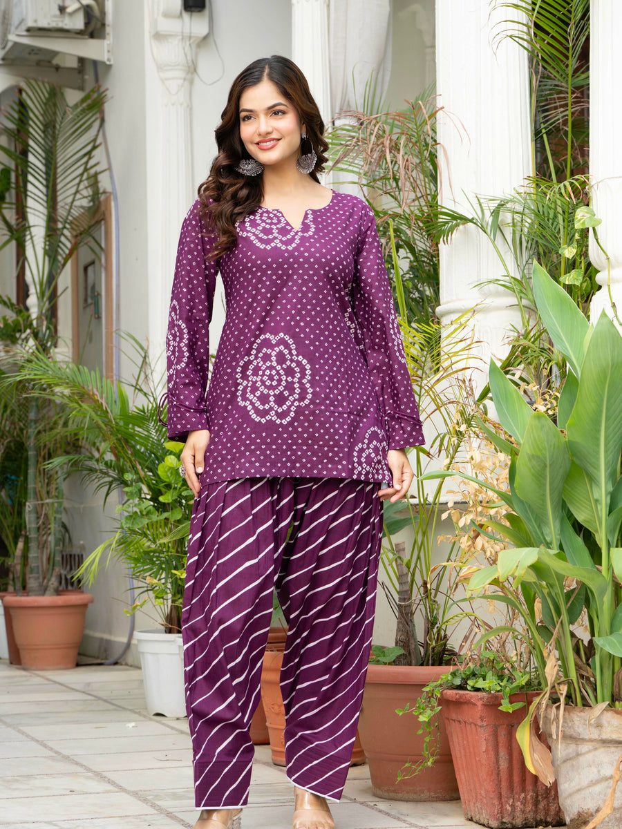 Women Purple Bandhani Lehariya Cotton Farsi Suit Set