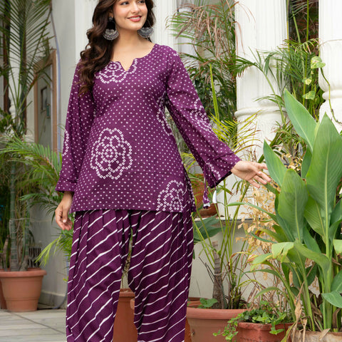 Women Purple Bandhani Lehariya Cotton Farsi Suit Set