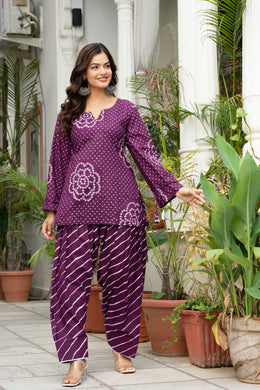 Women Purple Bandhani Lehariya Cotton Farsi Suit Set