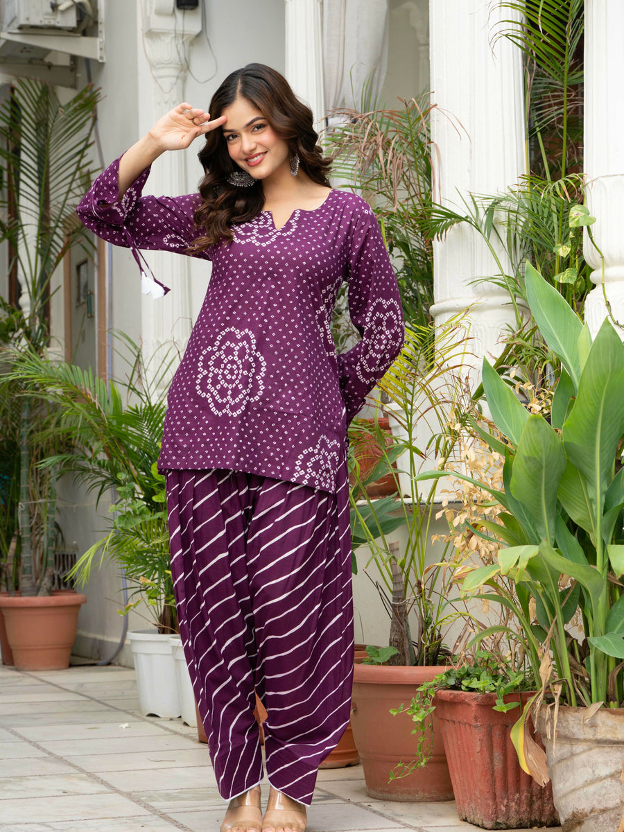 Women Purple Bandhani Lehariya Cotton Farsi Suit Set
