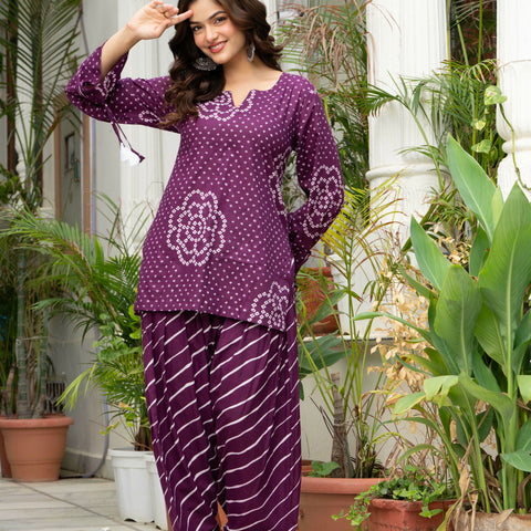Women Purple Bandhani Lehariya Cotton Farsi Suit Set