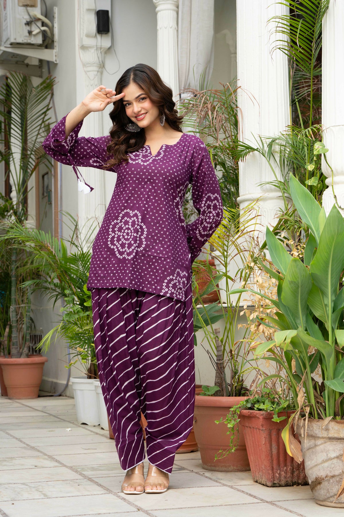 Women Purple Bandhani Lehariya Cotton Farsi Suit Set