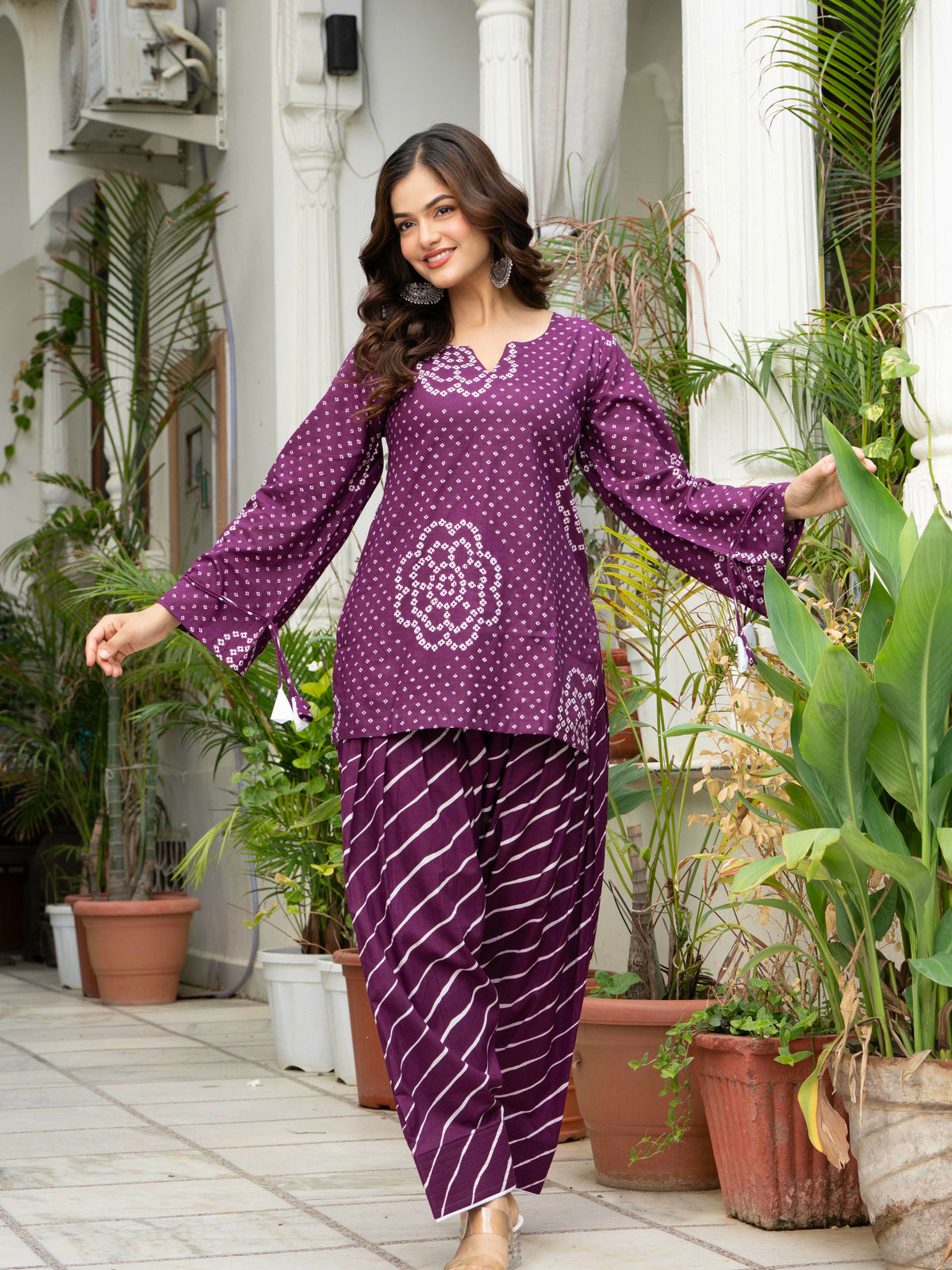Women Purple Bandhani Lehariya Cotton Farsi Suit Set