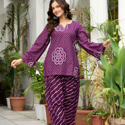 Women Purple Bandhani Lehariya Cotton Farsi Suit Set
