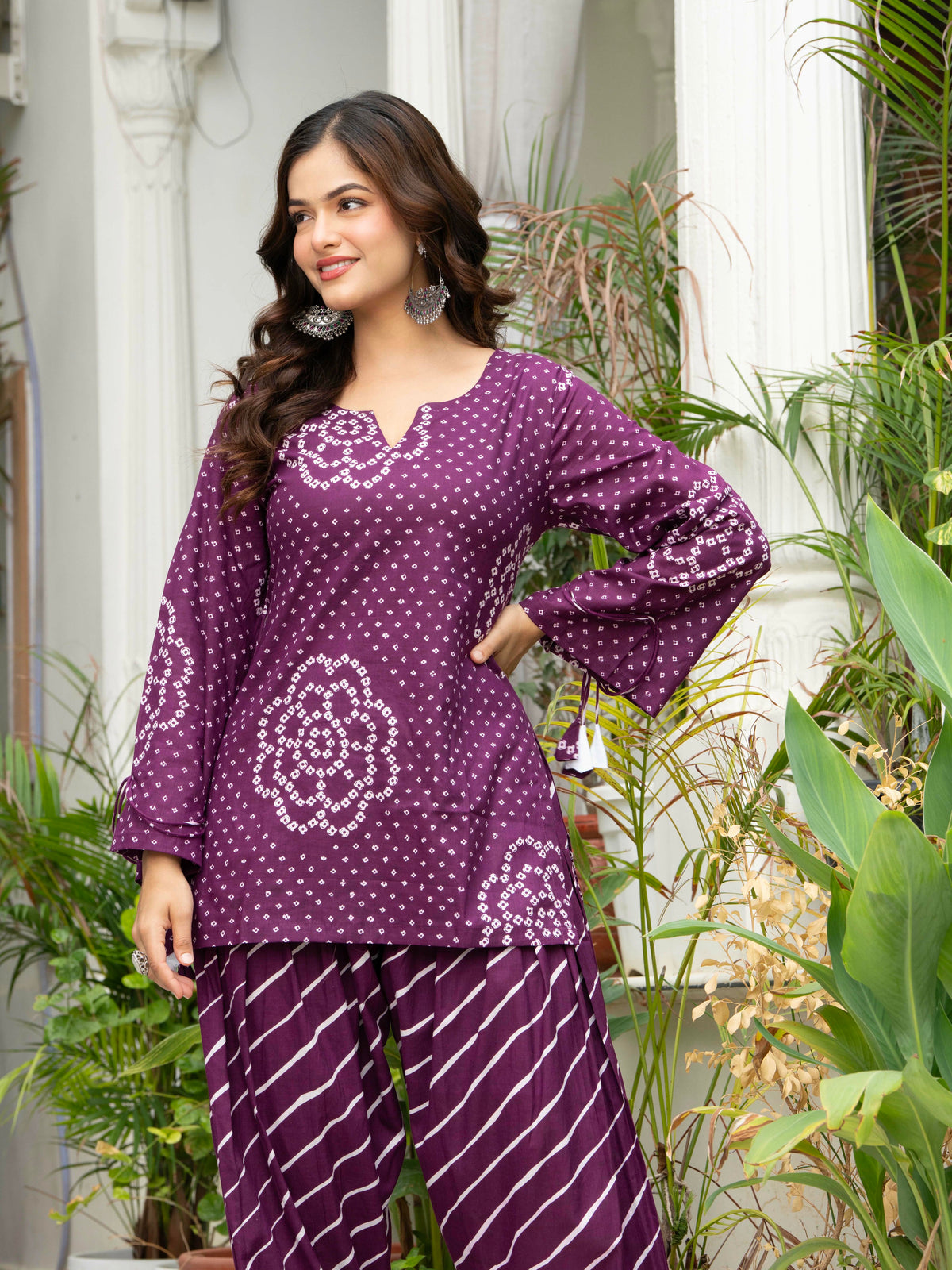 Women Purple Bandhani Lehariya Cotton Farsi Suit Set