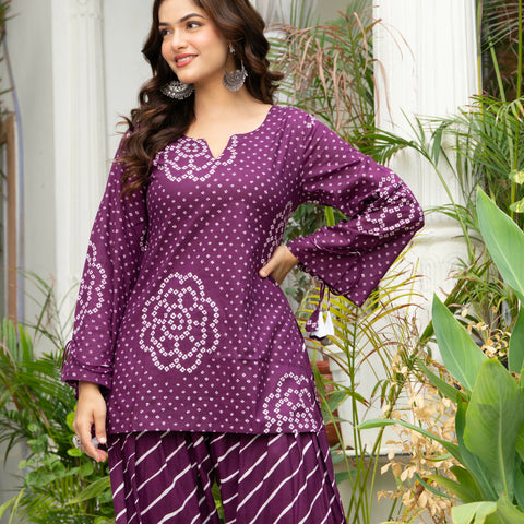 Women Purple Bandhani Lehariya Cotton Farsi Suit Set