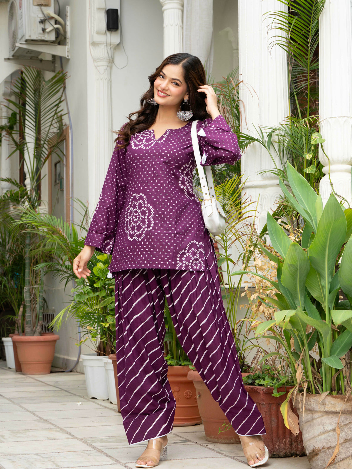 Women Purple Bandhani Lehariya Cotton Farsi Suit Set
