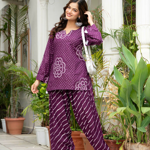 Women Purple Bandhani Lehariya Cotton Farsi Suit Set