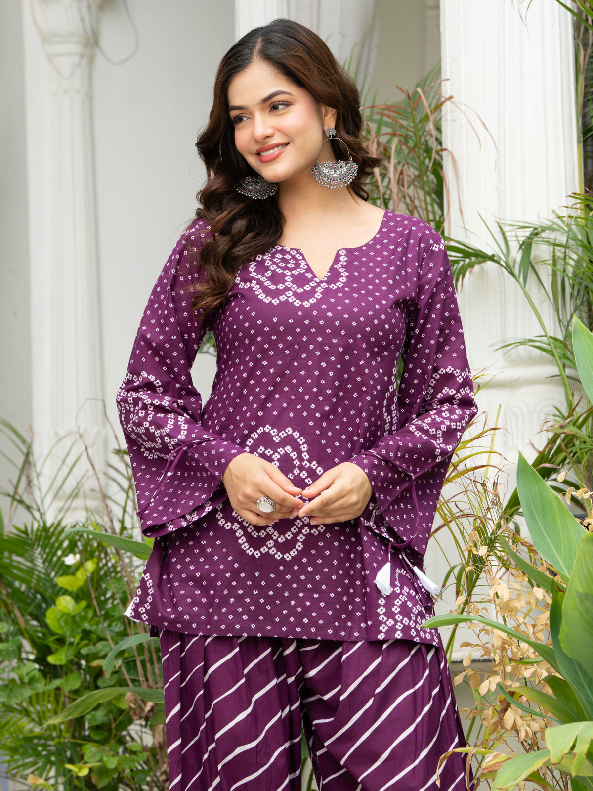 Women Purple Bandhani Lehariya Cotton Farsi Suit Set