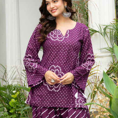 Women Purple Bandhani Lehariya Cotton Farsi Suit Set